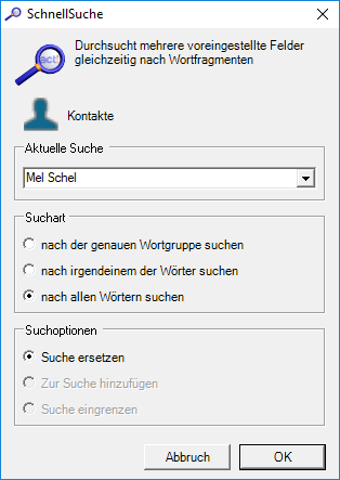 Screen SchnellSuche Suchoptionen